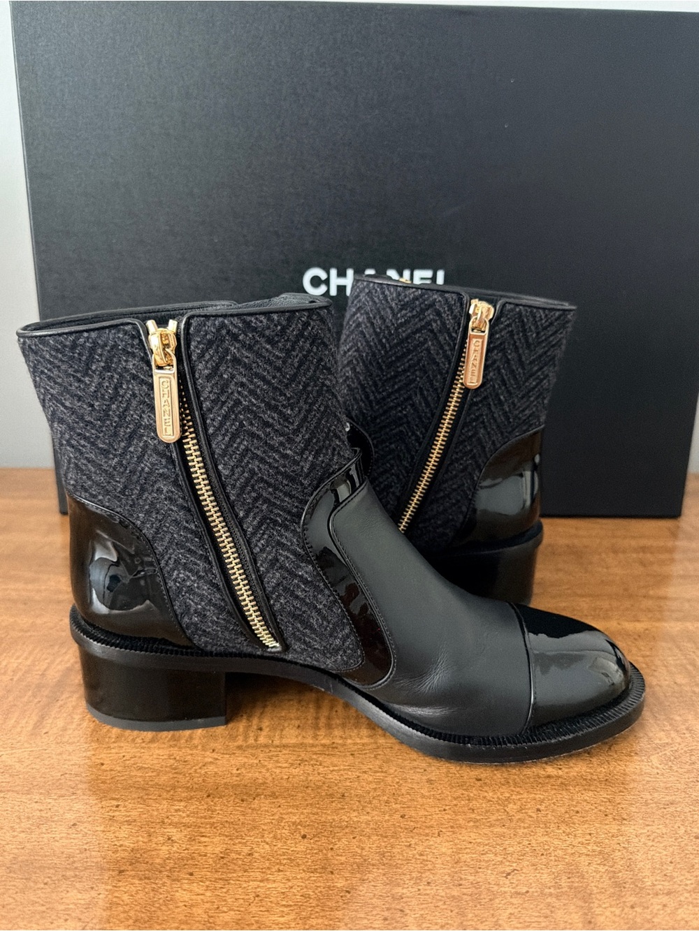 CHANEL Black Tweed & Leather Ankle Booties with Gold Zip Pull - Picture 9 of 11
